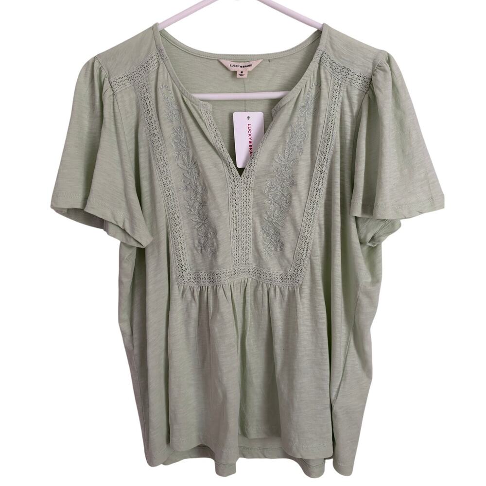Lucky Brand Sage Green Embroidered Eyelet V‑Neck Short Sleeve Top Women’s Medium